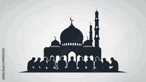 Silhouette of Muslim prayer group in front of a mosque at dawn, Islamic culture