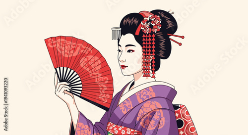 Elegant Japanese Geisha Holding a Red Fan, Traditional Kimono, Artistic Illustration