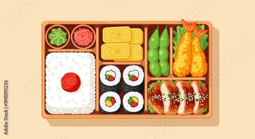 Japanese Bento Box Lunch: Sushi, Rice, Tempura, and Egg Rolls