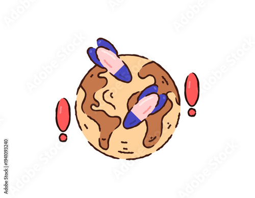 Illustration of planet Earth surrounded by missiles and exclamation marks. Concept of war warning, damage to the earth due to war, impact of war. Flat style illustration with textured outline.