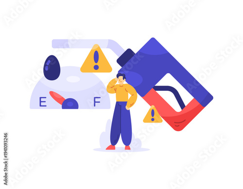fuel and energy crisis concept. stock or supply of fuel oil runs out. illustration of a man confused because he ran out of gas, fuel nozzle. metaphor, flat style illustration. white background