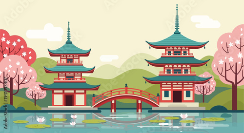 Serene Japanese Pagodas and Cherry Blossoms by Tranquil Pond