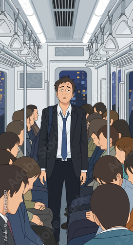 Tired businessman commuting on crowded train at night