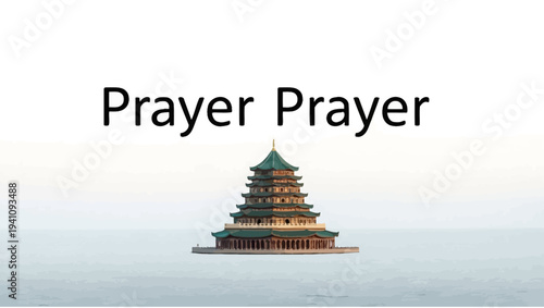 Traditional pagoda building floating on water, serene atmosphere, spiritual concept