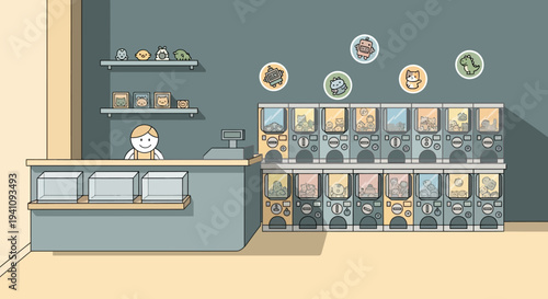 Cute Animal Vending Machine Shop with Friendly Clerk