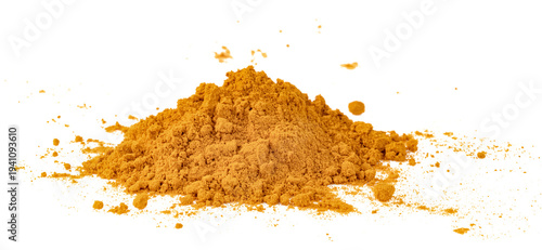 A heap of bright orange turmeric powder isolated. Fine texture of traditional Indian spice used for cooking and health. Clean studio shot for culinary or herbal concept.