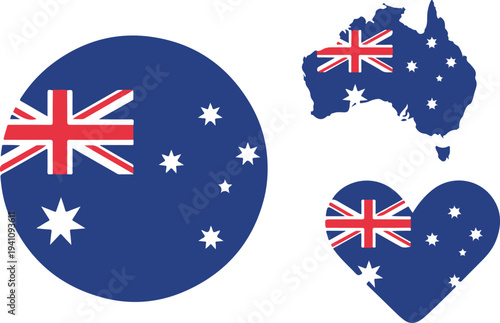 Australia flag icons set with map and heart shape