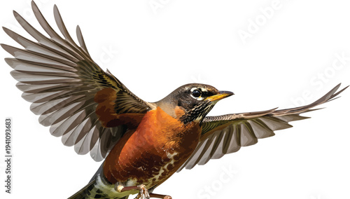 Robin Flying with Spread Wings Isolated on White