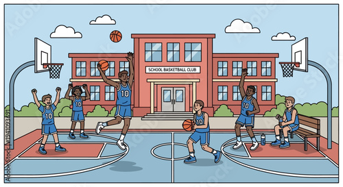 School Basketball Game: Students Compete on Outdoor Court