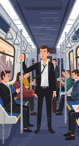 Tired businessman commuting on crowded public transport, morning rush hour