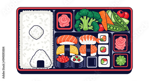 Healthy Japanese Bento Box Lunch with Sushi, Rice Balls, and Vegetables