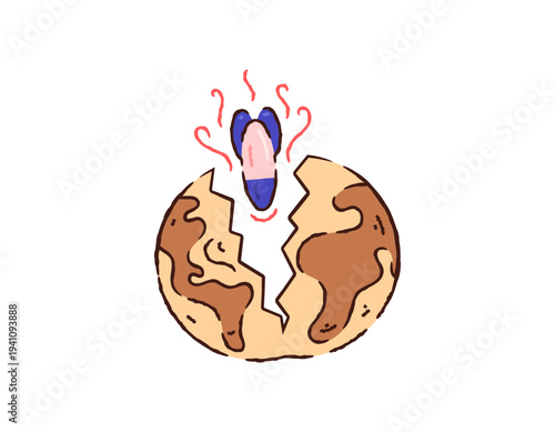 Illustration of planet Earth cracked and split in two by a missile. the concept of a destroyed earth, damage to the earth due to war, the impact of war, destruction of nature. Flat illustration