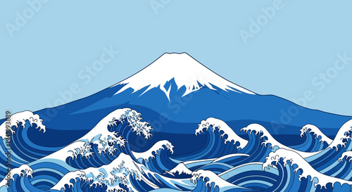 Iconic Mount Fuji and Crashing Waves in Japanese Art Style