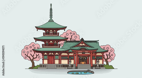 Traditional Japanese Pagoda and Shrine with Cherry Blossoms