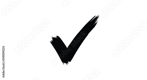 Black hand-drawn brush stroke check mark symbol on white background representing approval, success, or task completion.