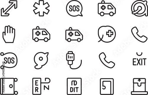 Emergency medical icons collection showing health care services and urgent assistance signs in outline