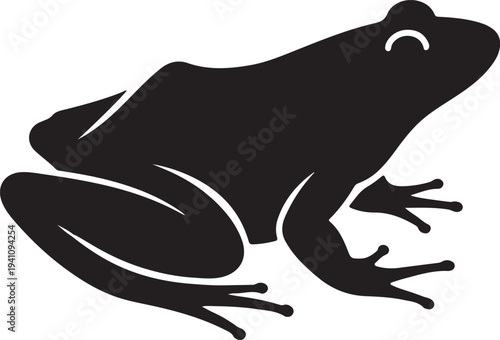 Black silhouette of a frog sitting on a surface looking ahead amphibian