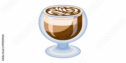 A layered coffee drink in a tall glass with latte art