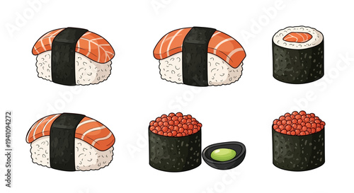 Assortment of Fresh Salmon Sushi and Ikura Nigiri with Wasabi