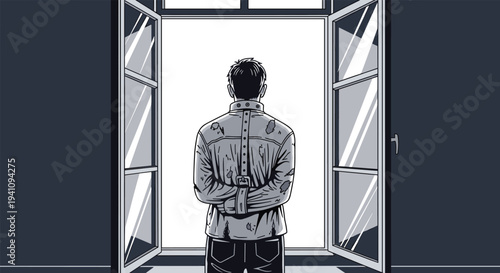 Back view of a man wearing a straitjacket standing in front of an open window looking out at bright light and hopeful future.