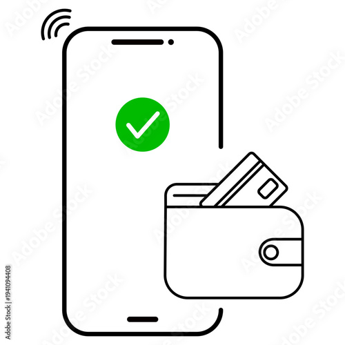 Mobile payment confirmation icon featuring a smartphone with a green checkmark success symbol and a digital wallet for contactless NFC transactions in a minimalist flat line style.