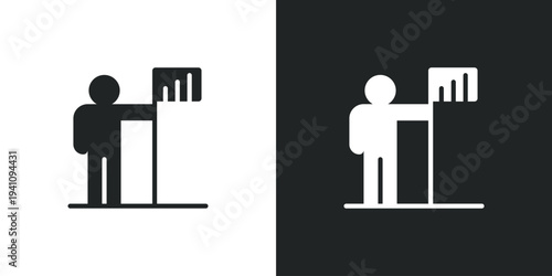 Person icon presenting a bar chart, symbolizing data analysis, business statistics and information communication. Filled single symbol. Flat style sign. Solid glyph vector illustration