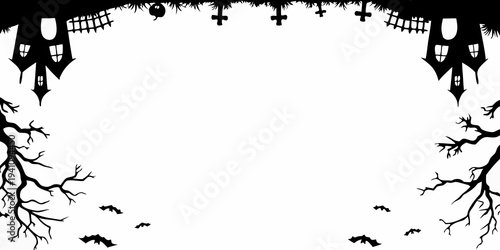 Silhouetted haunted house with bats and spooky branches for halloween