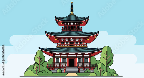 Traditional Japanese Pagoda Temple with Lush Green Trees and Blue Sky