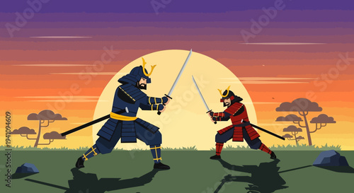 Two Samurai Warriors in Epic Battle at Sunset