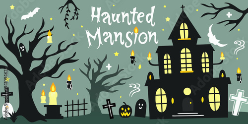 A spooky haunted mansion illustration with bats candles and eerie trees