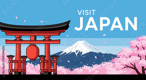 Visit Japan: Iconic Torii Gate, Cherry Blossoms, and Mount Fuji Illustration