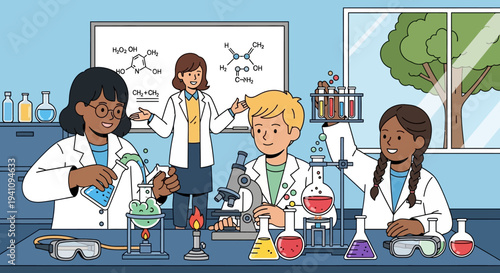 Children conducting science experiments in a lab with teacher