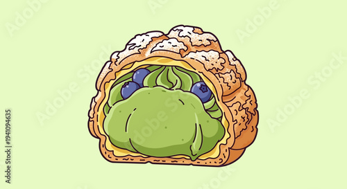 Delicious Matcha Cream Puff with Blueberries - Sweet Pastry Illustration