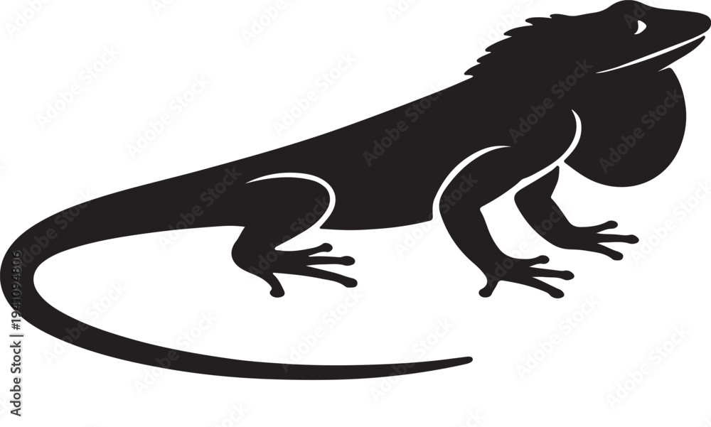 Fototapeta premium Black silhouette of a lizard with a spiky back and long tail standing still