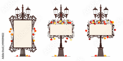 Ornate street lamp frames adorned with autumn leaves and blank signs
