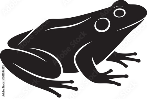 A black silhouette of a frog sitting on a surface looking ahead