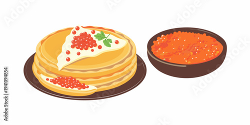 A stack of pancakes with salmon roe and a side of orange jam