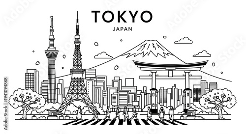 Tokyo Skyline Outline: Mount Fuji, Tokyo Tower, and Torii Gate Landmark Illustration