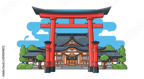 Traditional Japanese Shrine Gate and Temple Building with Green Trees and Blue Sky