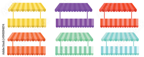 Striped Shop Awnings Set: Vector Illustration of Vintage Market Canopies Isolated on Light Background