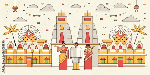 Indian architecture and people in a vibrant colorful illustrated scene