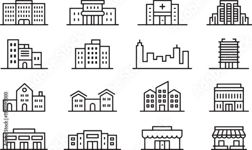 Modern buildings and city skyline icon set architecture vector