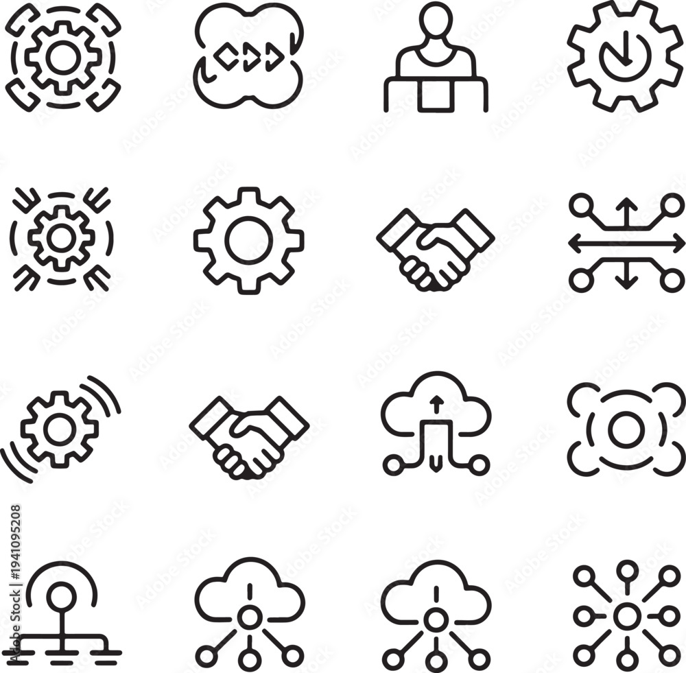 Fototapeta premium Business icons set gears cloud technology handshake and network connections