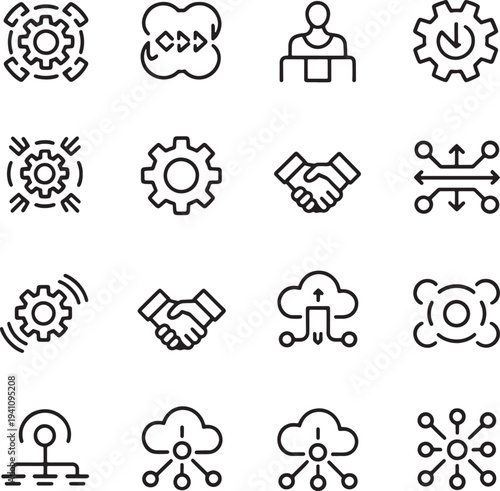 Business icons set gears cloud technology handshake and network connections