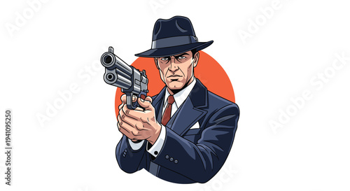 Hardboiled detective in fedora hat and professional suit aiming a revolver gun directly forward in a dramatic pose.