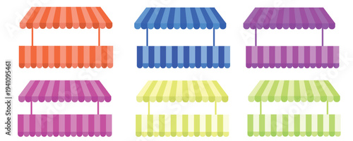 Striped Shop Awnings Set: Vector Illustration of Vintage Market Canopies Isolated on Light Background