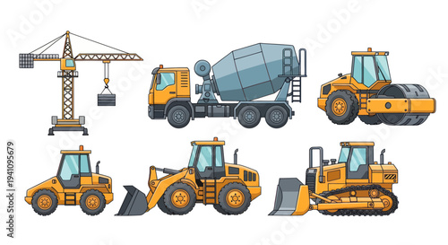 Construction Vehicles Set: Crane, Cement Mixer, Roller, Loader, Bulldozer, Excavator