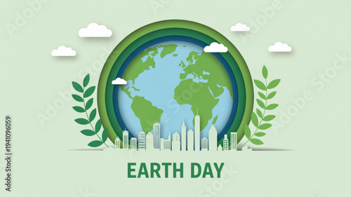 Earth day illustration with green globe city skyline and leaves on light green background symbolizing environmental conservation and sustainability