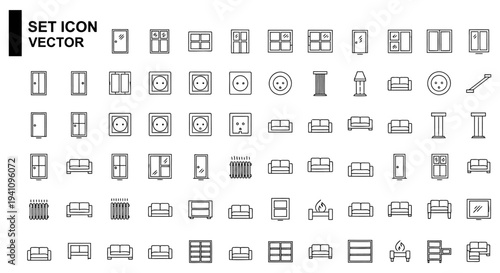 outline vector icons for home and building interior design featuring furniture doors windows and electrical fixtures.