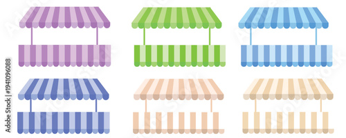 Striped Shop Awnings Set: Vector Illustration of Vintage Market Canopies Isolated on Light Background